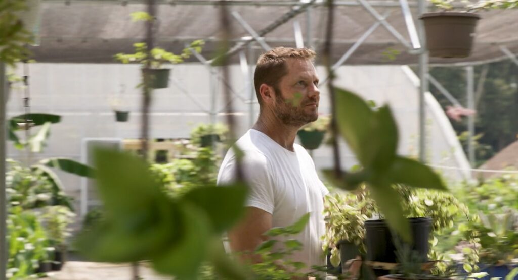 A man in a white t-shirt stands thoughtfully in a bright nursery, surrounded by various hanging and potted green plants.