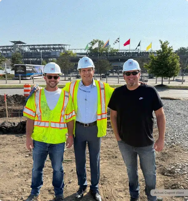 Career development at Cogent Analytics. 3 guys in hard hats smiling for pic