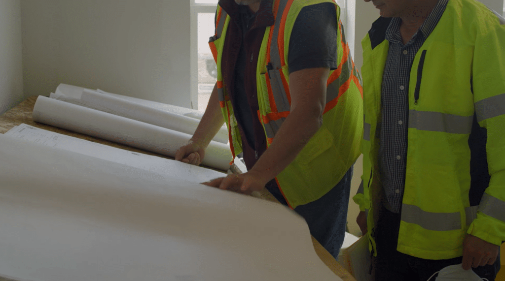 Two contractors standing over plans wearing safety gear